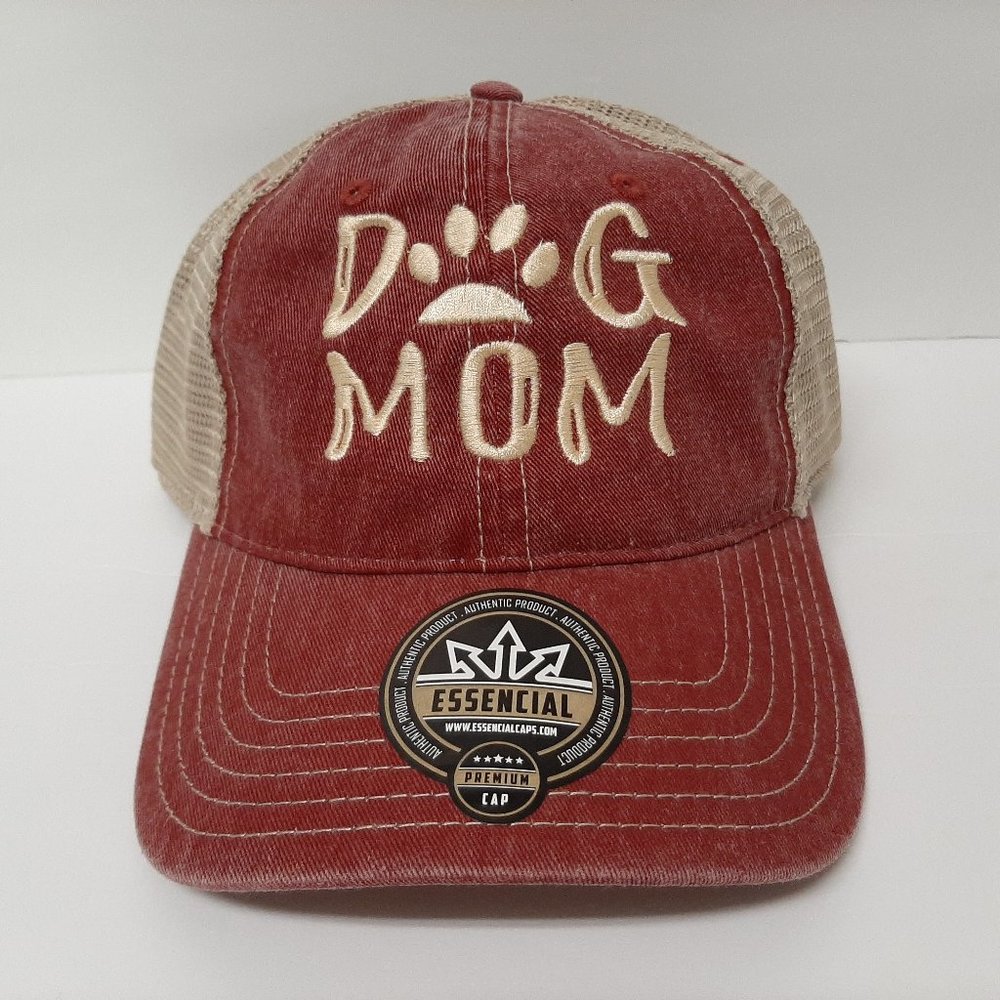 Dog Mom Embroidered Hat Cap Snapback Mesh Rust Red Cotton Front